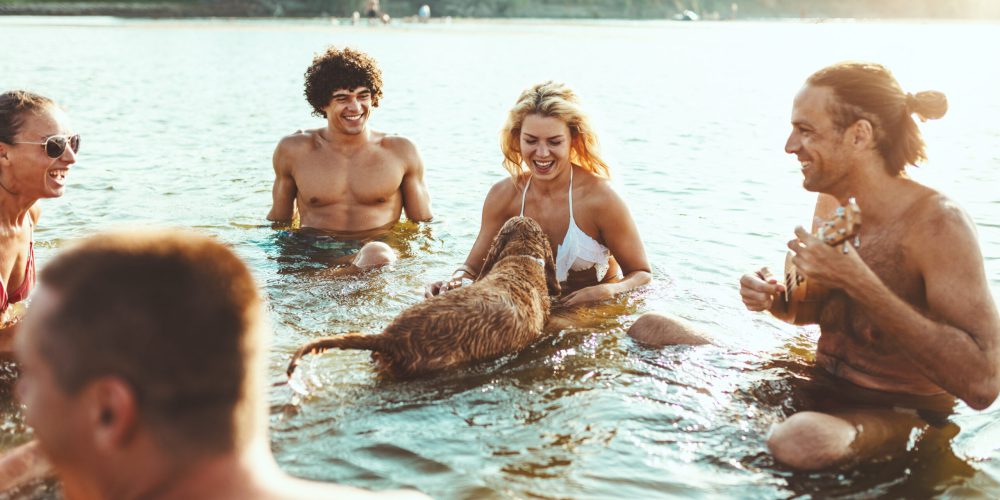 Happy young people having a great time together at the beach. They are sitting in the water and man is playing ukulele and singing. Sunset over water.